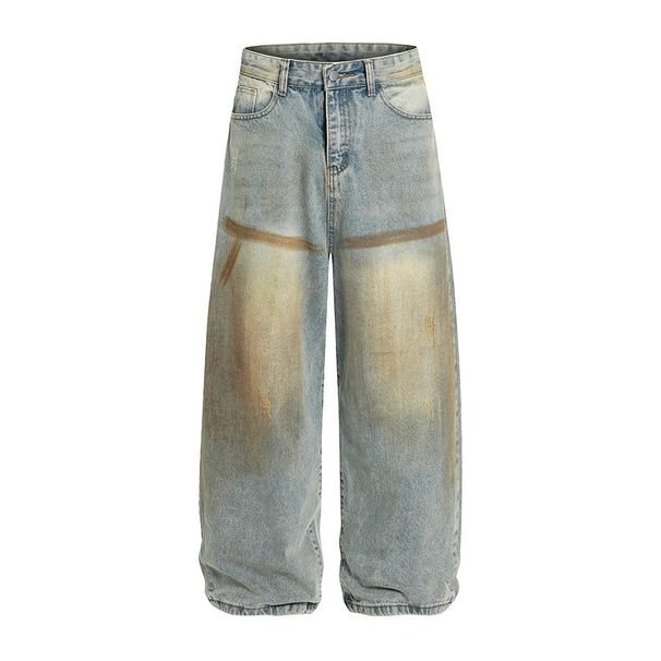Waste Soil Washed Vintage Dirty Jeans For Men, Niche Loose Wide-Leg Ink-Splattered Faded Straight-Leg Pants, Punk Trend_mkmklike.com