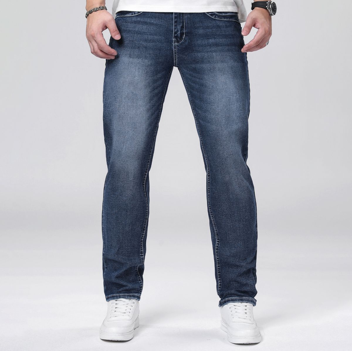 Men's Jeans Can Be Worn All Year Round, Versatile Elastic Jeans, Men's Pockets Embroidered Pattern Slim Fit And Slimming, Small Foot Casual Jeans_mkmklike.com