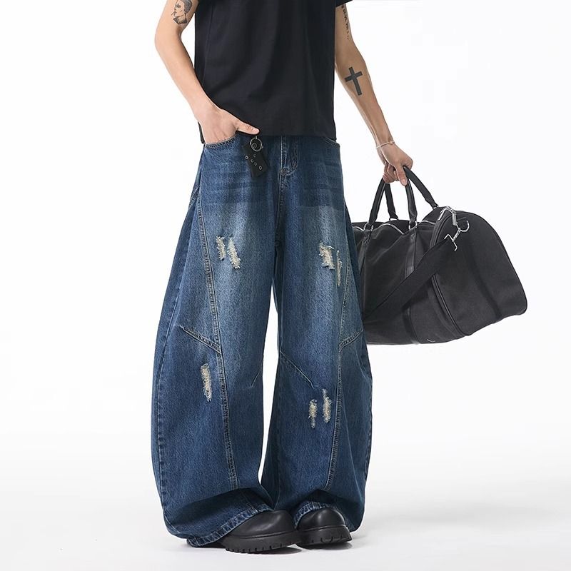 "Men's High Street Washed Ripped Jeans – Relaxed Wide-Leg Fit With Distressed Details (Summer Streetwear, Vintage Fading, Comfortable & Stylish)"_mkmklike.com