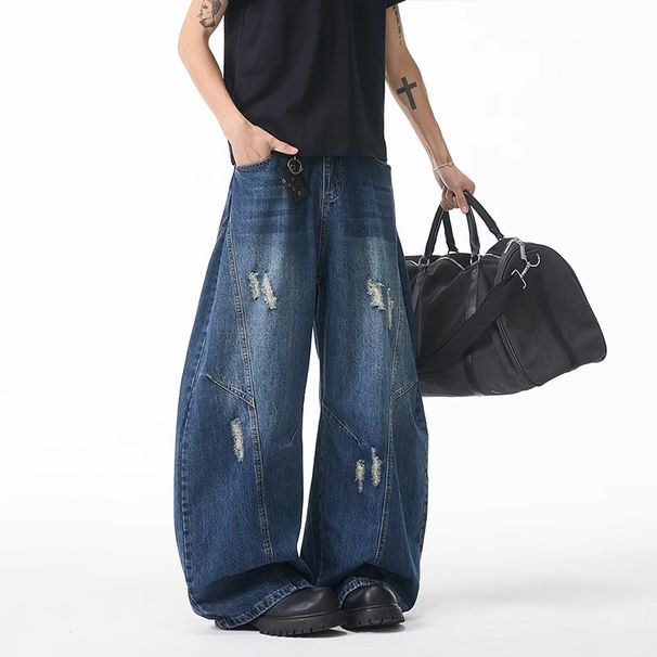 "Men's High Street Washed Ripped Jeans – Relaxed Wide-Leg Fit With Distressed Details (Summer Streetwear, Vintage Fading, Comfortable & Stylish)"_mkmklike.com