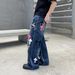 Men's High-Street Jeans – Oversized Straight-Leg Denim Pants With Leather Cross Embroidery & Hand-Painted Details – Vintage Low-Rise Wide-Leg Trousers_mkmklike.com