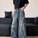 Unisex Retro American Washed Deconstructed Curved Blade Jeans Trendy Straight Leg Relaxed Fit Wide Leg Floor Length_mkmklike.com