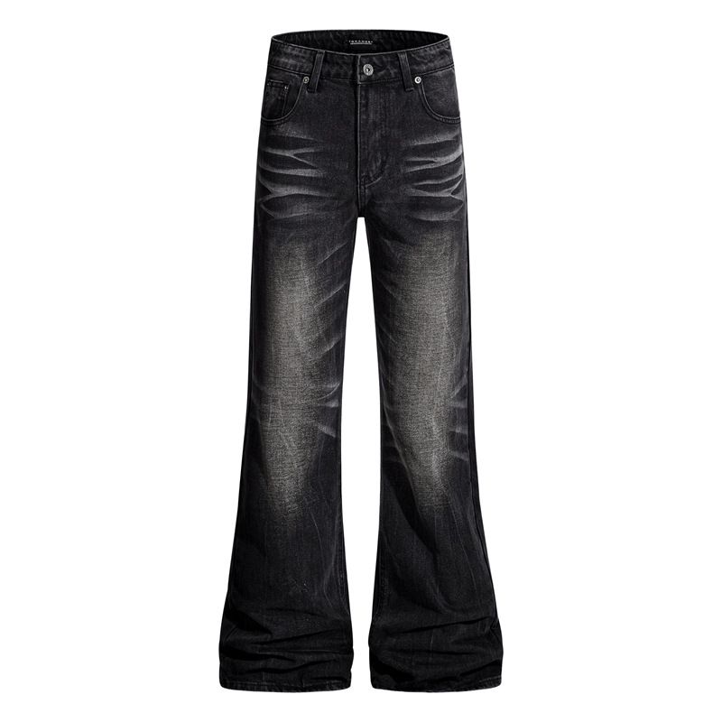 Urban Edge Patchwork Jeans - Vintage Washed Black With Artistic Embroidery & Relaxed Wide-Leg Silhouette For Streetwear Enthusiasts_mkmklike.com