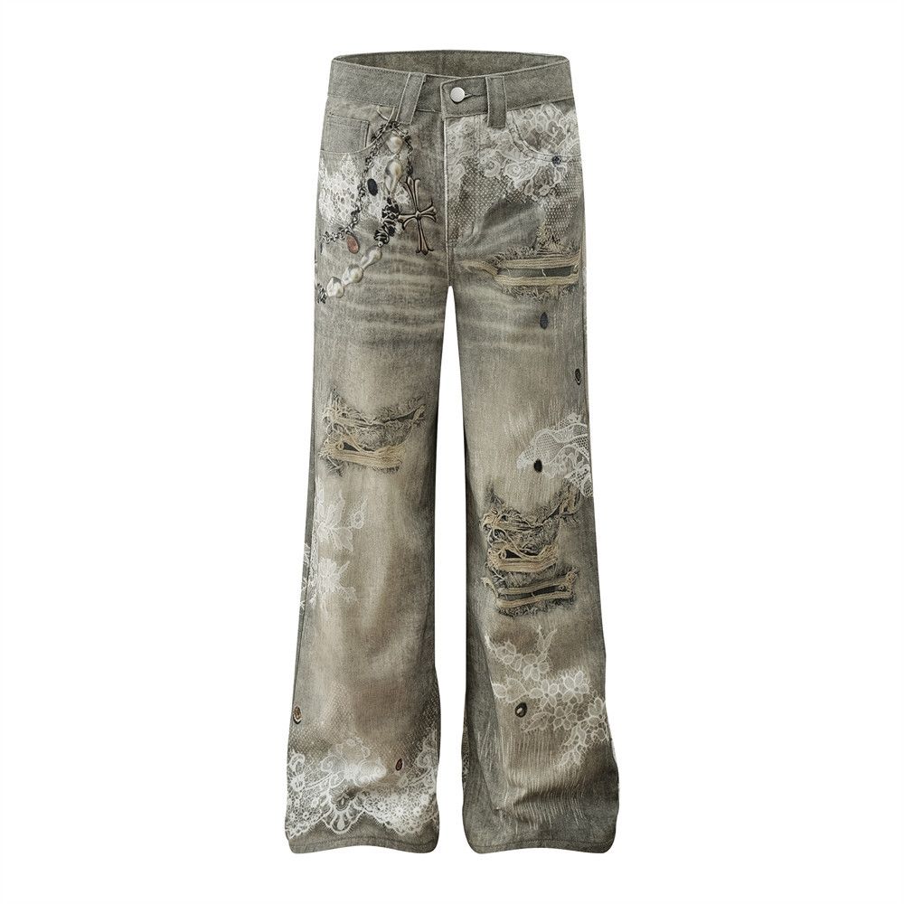 American 3D Digital Print Vintage Jeans Hip Hop Street Style Trendy Niche Ripped Straight Pants For Men_mkmklike.com