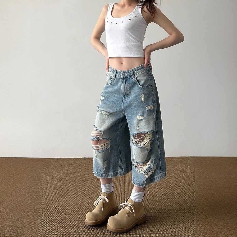 Men’s Clothing Large Size Retro High Street Ripped Denim Cropped Jeans Summer Loose Drape Straight Wide Leg Pants_mkmklike.com