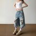 Men’s Clothing Large Size Retro High Street Ripped Denim Cropped Jeans Summer Loose Drape Straight Wide Leg Pants_mkmklike.com