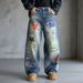 Men's Loose Fit Straight Leg Distressed Denim Jeans With Graffiti Wash - Vintage Blue Casual Streetwear Pants_mkmklike.com