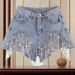 Heavy Duty High Waisted Slimming Hot Pants For Women With Beading Sequins Tassels Ripped Denim Frayed Edges Summer Fashion_mkmklike.com