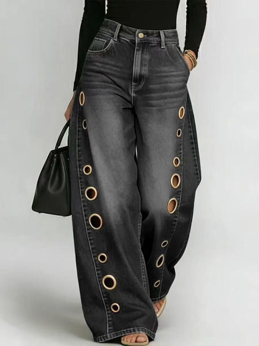 High Waisted Wide Leg Jeans for Women Washed Unique Style with Metal Perforations Summer Export Stock Cross Border Trade_mkmklike.com
