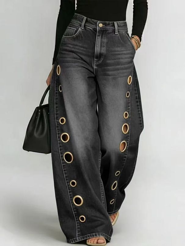 High Waisted Wide Leg Jeans for Women Washed Unique Style with Metal Perforations Summer Export Stock Cross Border Trade_mkmklike.com