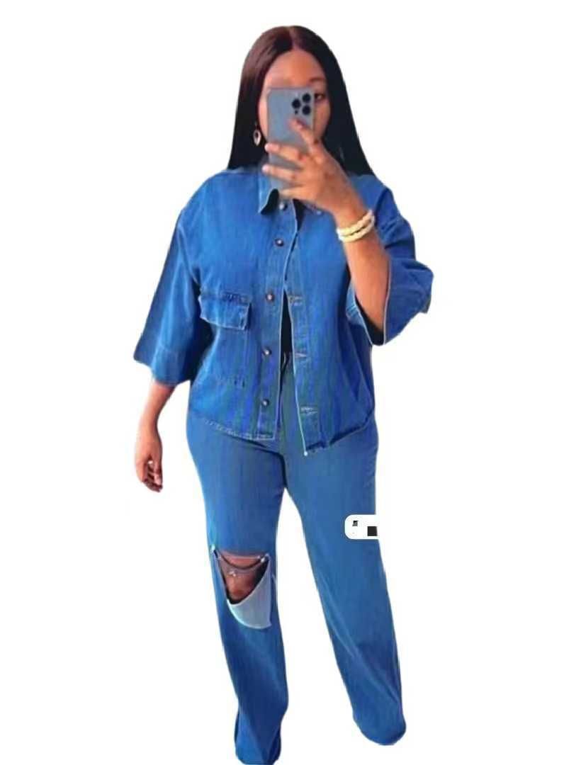 European And American Hot Sale New Fashion Personality Shirt Top Hole Denim Trousers Two Piece Set_mkmklike.com