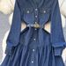 Elegant High-Waisted Denim Dress For Women - Fall A-Line Midi Dress With Belt & Polo Collar_mkmklike.com
