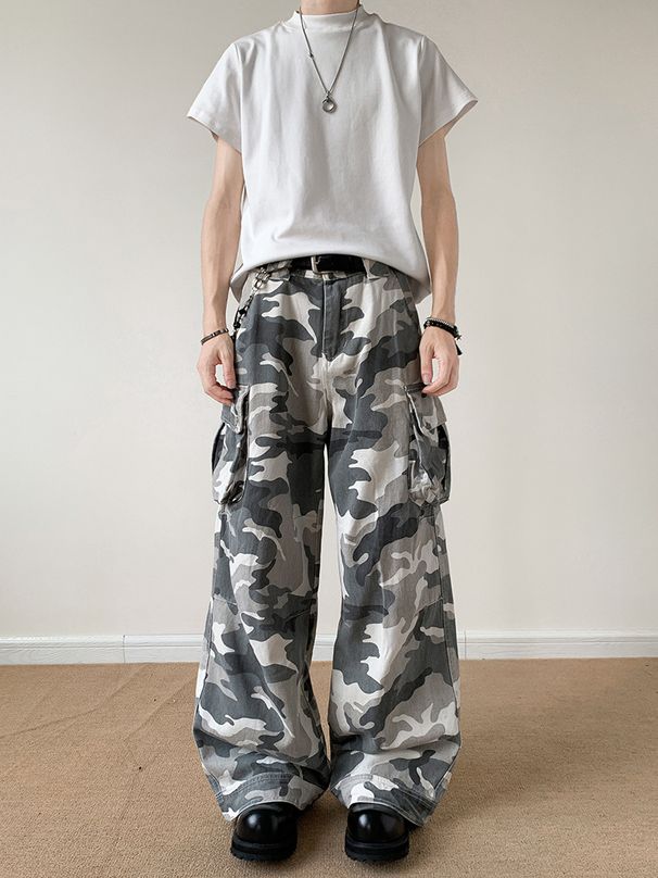 Men's Clothing Retro Washed Camo Cargo Jeans For Men & Women - Loose Fit, Utility Pockets, Streetwear Baggy Pants With Slight Flare_mkmklike.com