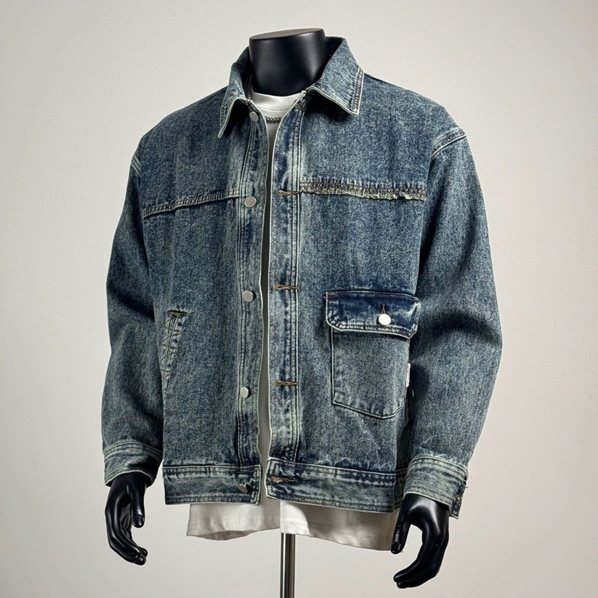 Men's Clothing Denim Jacket Loose Fit Versatile Vintage Washed Denim Jacket - Slim Fit Workwear Style With Raw Hem Detail (5 Sizes, Unisex Adaptable)_mkmklike.com