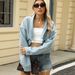 Vintage Washed Denim Jacket With Studs – Oversized Batwing Sleeve, Scarf Collar, Streetwear Chic For Women_mkmklike.com