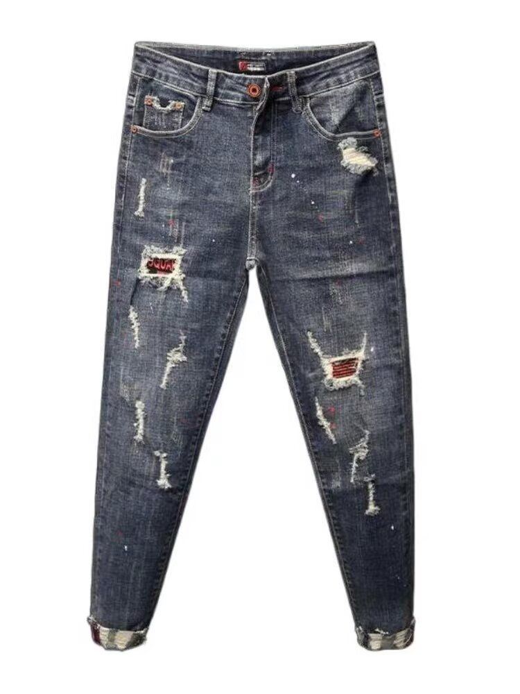 Fashion 2025 Luxury Fashion Men's Pants Korean Style Jeans Washed With Cat Whisker Holes Colorful Paint Splatters Slim Trousers_mkmklike.com