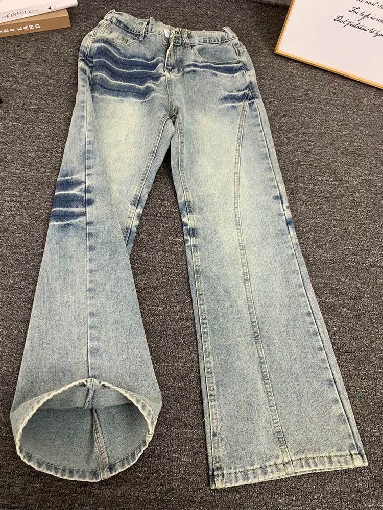 Men's Light Blue Lightning Wash Jeans - Vintage American High Street Straight Leg Bootcut Pants With Unique Blade Hem For A Stylish Look_mkmklike.com