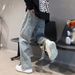 American Alphabet Embroidered Jeans Men's Spring And Summer High Street Trendy Brand Hip-hop Pants Korean Version Ruffian Handsome Wide-leg Trousers_mkmklike.com