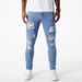 Men's Vintage Washed Ripped Jeans Distressed Denim Pants Hand-Scraped Details Slim Straight Fit Dark Blue Light Blue_mkmklike.com