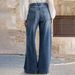 "Women's Slim-Fit Wide-Leg Pants - Navy Blue Stretch Denim For Casual & Office (S-XXL)"_mkmklike.com