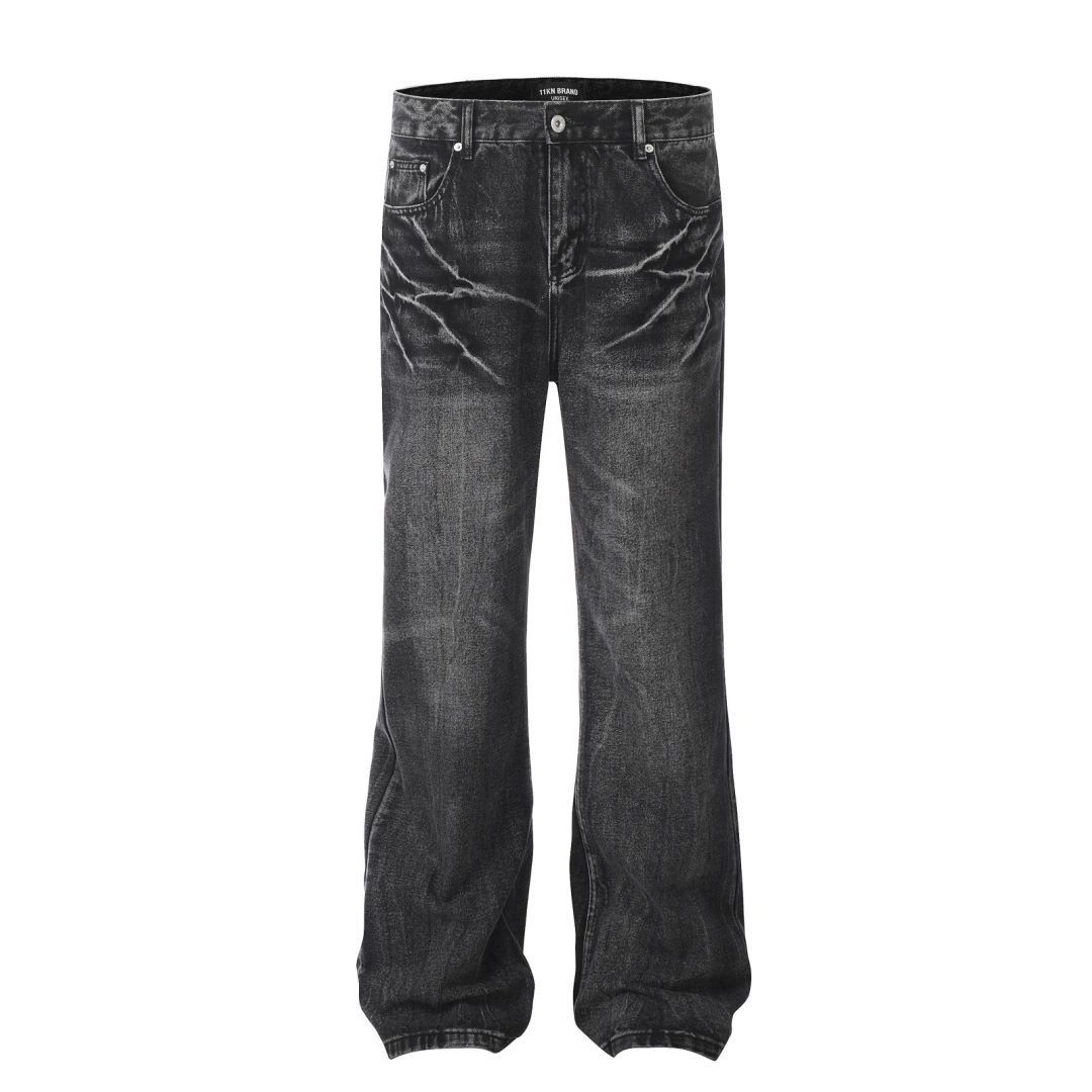 Men's Clothing Retro High Street Lightning Crack Washed Jeans Old Cat Whisker Loose Flared Pants Jeans_mkmklike.com