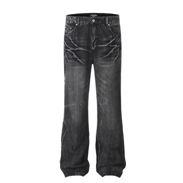 Men's Clothing Retro High Street Lightning Crack Washed Jeans Old Cat Whisker Loose Flared Pants Jeans_mkmklike.com