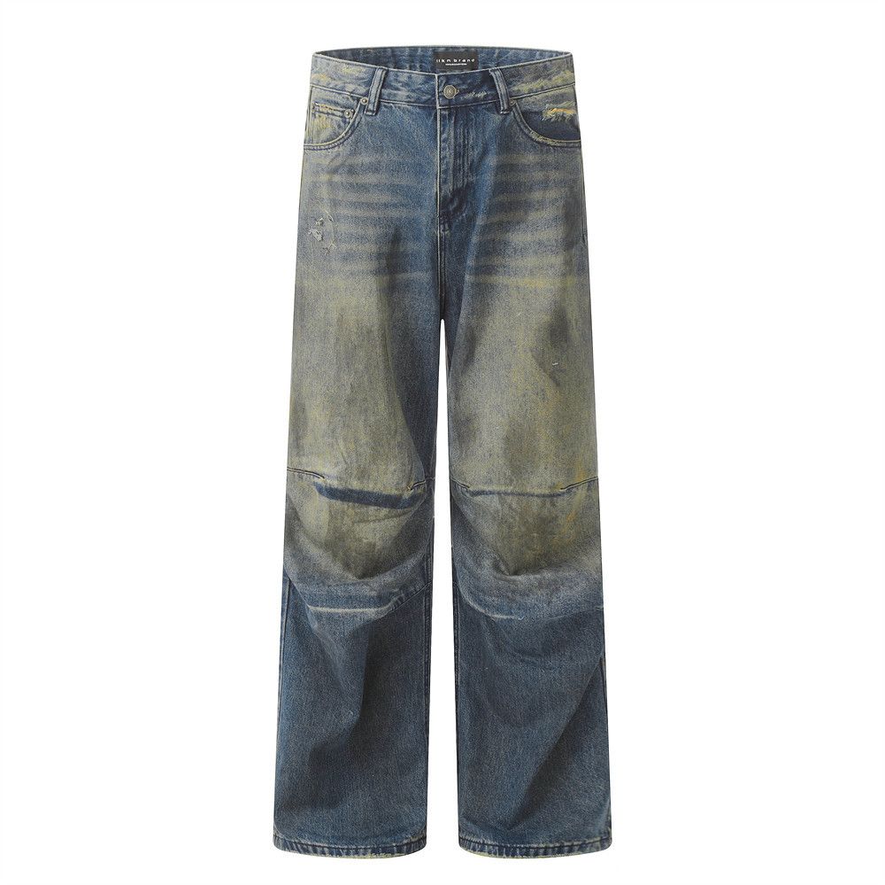 Waste Land Vintage Dirty Jeans For Men High Street Trend Wrinkled Washed Frayed Loose Wide-Leg Straight Long Pants_mkmklike.com