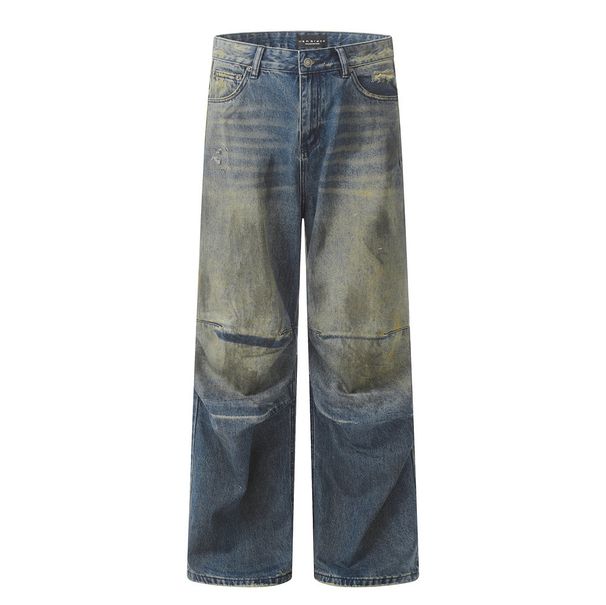 Waste Land Vintage Dirty Jeans For Men High Street Trend Wrinkled Washed Frayed Loose Wide-Leg Straight Long Pants_mkmklike.com