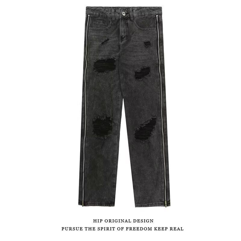Men's Black & Gray Distressed Jeans – Slim Straight-Leg Denim Pants With Patchwork & Rips, Streetwear Style For Casual & Urban Wear_mkmklike.com
