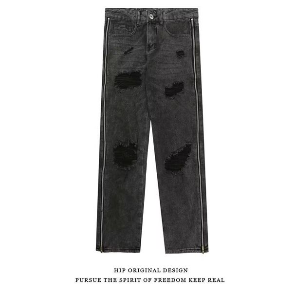 Men's Black & Gray Distressed Jeans – Slim Straight-Leg Denim Pants With Patchwork & Rips, Streetwear Style For Casual & Urban Wear_mkmklike.com