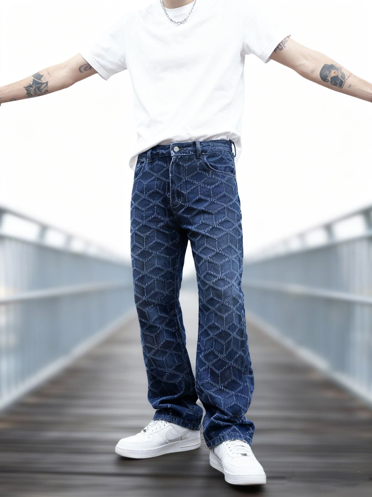 Men's Clothing Men's Crochet Jeans Mid Rise Straight Leg Wide Leg Trousers Elegant Diamond Pattern For Formal & Casual_mkmklike.com