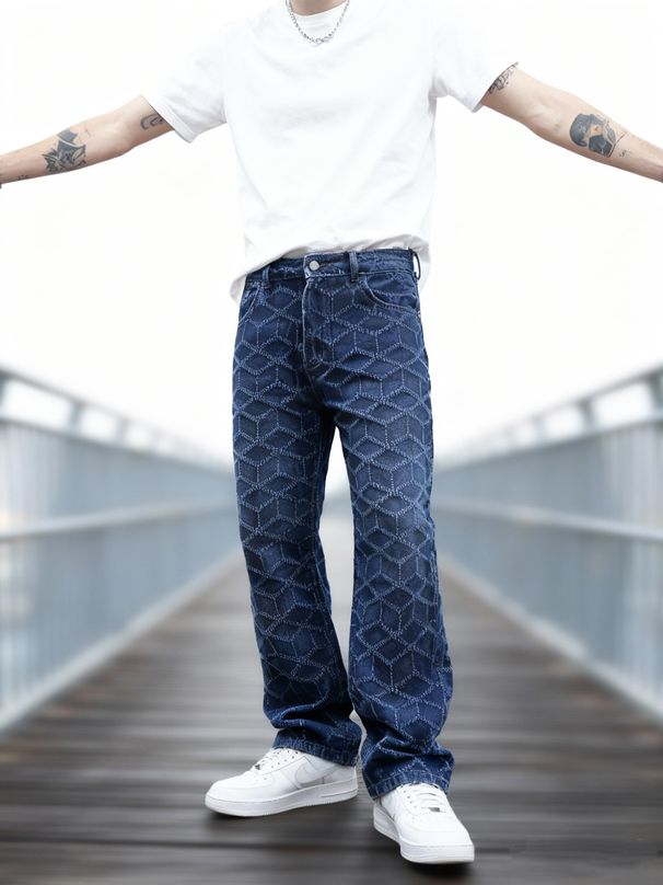 Men's Clothing Men's Crochet Jeans Mid Rise Straight Leg Wide Leg Trousers Elegant Diamond Pattern For Formal & Casual_mkmklike.com