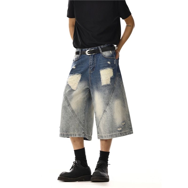 Washed Ripped Denim Shorts Men And Women Summer Straight Loose Wide Leg Pants_mkmklike.com