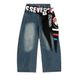American Street Style Unique Scimitar Jeans For Men With Niche Design, Drawstring Waist, Washed Long Pants, Oversized_mkmklike.com