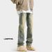 American Retro Vibe Pants, Trendy Straight-leg Distressed Yellow Mud Color Star Jeans For Men, High Street Slim-fit_mkmklike.com