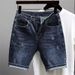 Men's Dark Blue Denim Shorts Trendy High Street Retro Washed Simple Five Point Korean Style Slim Fit Mid-Length Pants_mkmklike.com