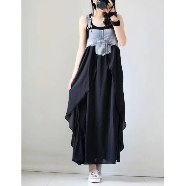 ELLE Summer Loose Fashion New Denim European And American Style Patchwork Camisole Chiffon Vest Long Strap Dress_mkmklike.com