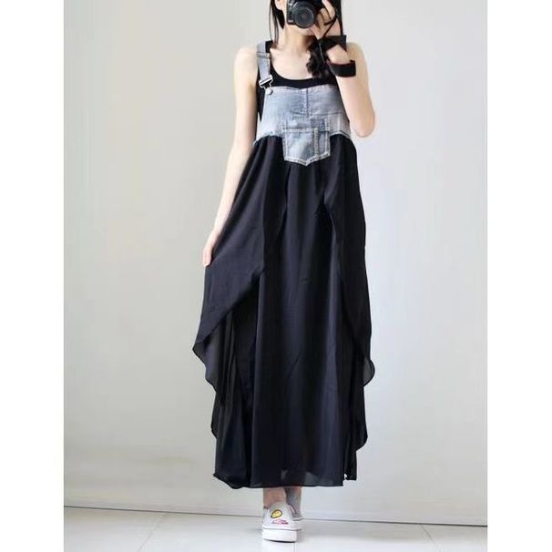 ELLE Summer Loose Fashion New Denim European And American Style Patchwork Camisole Chiffon Vest Long Strap Dress_mkmklike.com