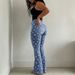 Retro High-Waisted Flared Jeans Blue Floral Print Stretch Slim Fit Women's Floor Length Sweet Denim Jeans_mkmklike.com