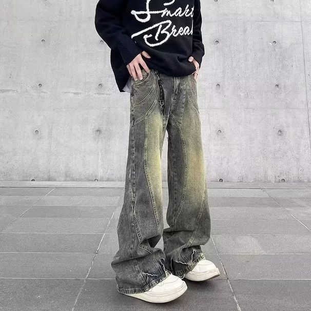 Men's Clothing Washed Yellow Mud Dyed Wide Leg Floor Length Jeans For Women, Loose Fitting, Retro, Distressed, Straight Leg._mkmklike.com