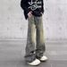 Men's Clothing Washed Yellow Mud Dyed Wide Leg Floor Length Jeans For Women, Loose Fitting, Retro, Distressed, Straight Leg._mkmklike.com