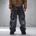Trendy Men's Relaxed Fit Straight Leg Jeans - Dark Blue Washed With Faux Ripped & Graffiti Details_mkmklike.com