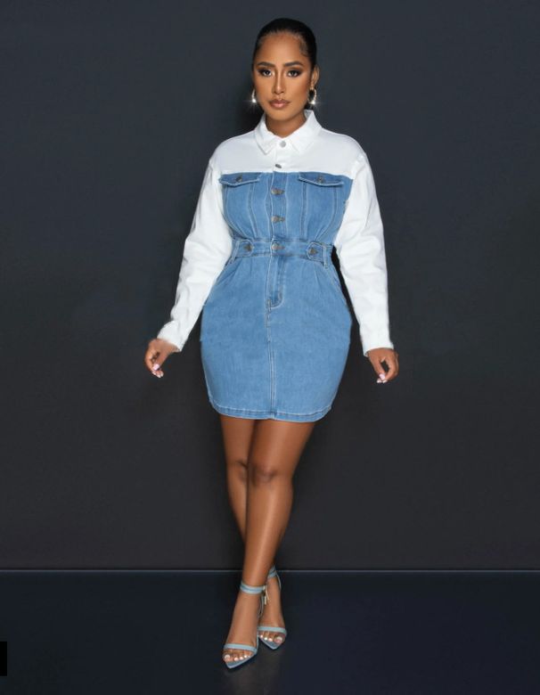 Women's Clothing Denim Splicing Temperament Commuter Shirt Dress_mkmklike.com
