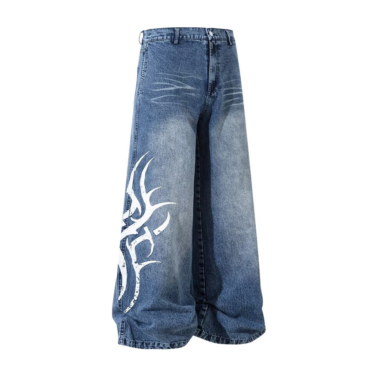 Men Women Washed Stylish Printed Jeans Trendy Retro Wide Leg Loose Straight Leg Pants High Street Cross Border 2025_mkmklike.com