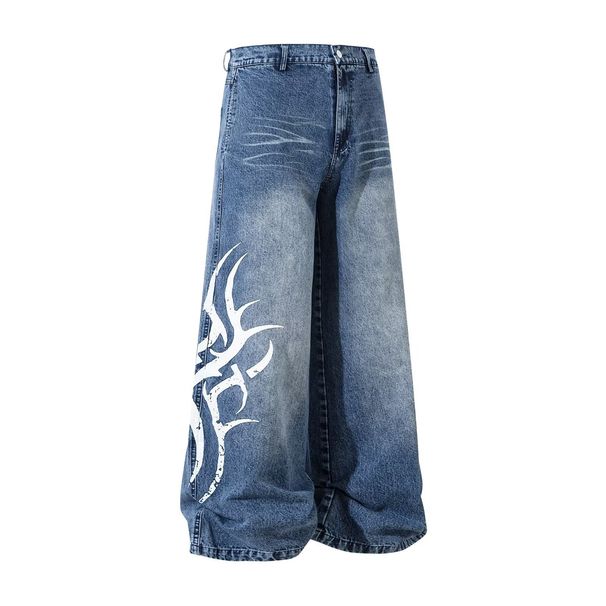 Men Women Washed Stylish Printed Jeans Trendy Retro Wide Leg Loose Straight Leg Pants High Street Cross Border 2025_mkmklike.com