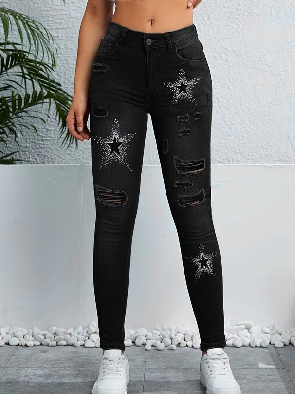 Women's Destroyed Skinny Jeans - High Waisted Ripped Denim Pants With Star Print (2 Colors, S-2XL)_mkmklike.com