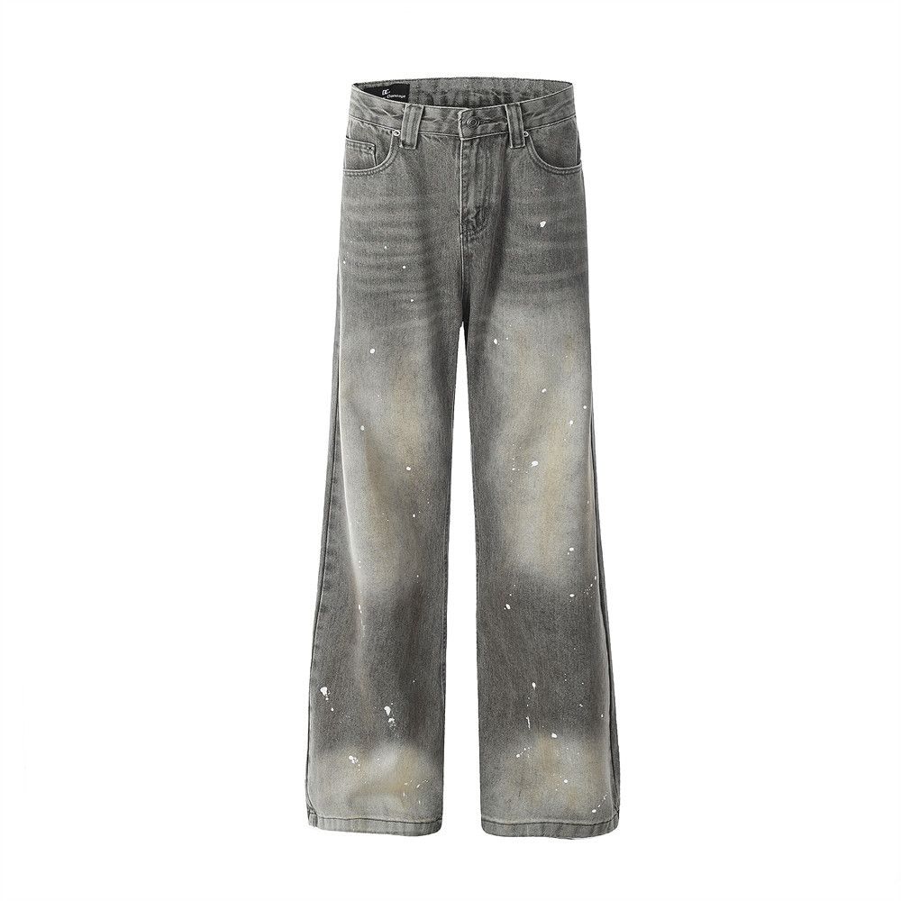 Punk Wasteland Vintage Washed Gradient Denim Men's Niche Vibe Trendy Paint Splatter Dirty Straight Pants_mkmklike.com