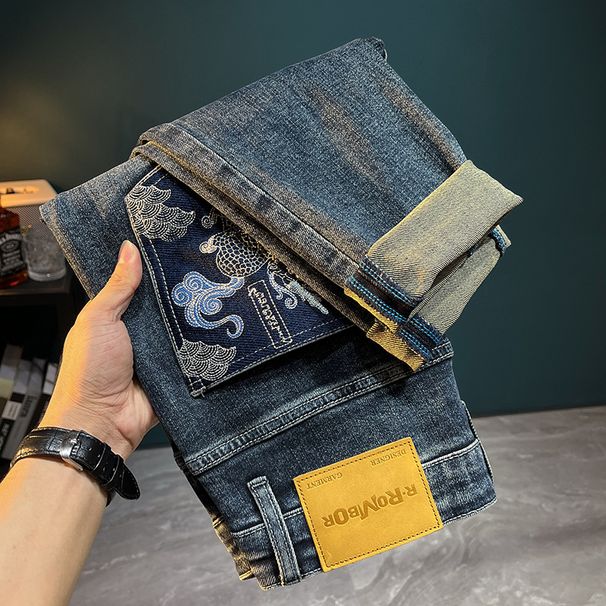Men's Clothing Embroidery Printed Jeans Men's Autumn New Style Pants Thick Style Trendy Brand Elastic Slim High End Pants_mkmklike.com