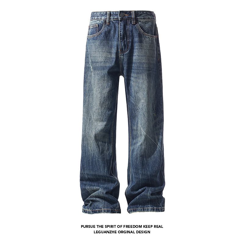 Vintage Blue Lightning Pattern For Men, Autumn Trendy American High Street Pants, Cleanfit Straight-leg Flared Jeans_mkmklike.com