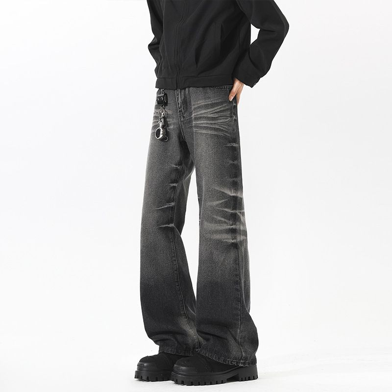 American High Street Vibe Retro Washed Distressed Jeans Men's Trendy Straight Leg Slightly Flared Slim Fit Cleanfit Long_mkmklike.com